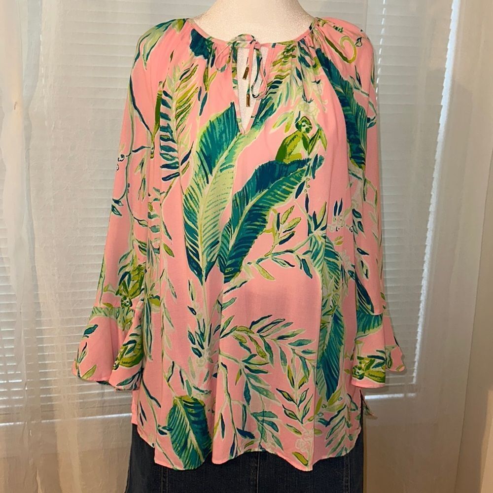 Lilly Pulitzer L Willa Pink Green Tropical Long Flounce Sleeve Front Tie Top